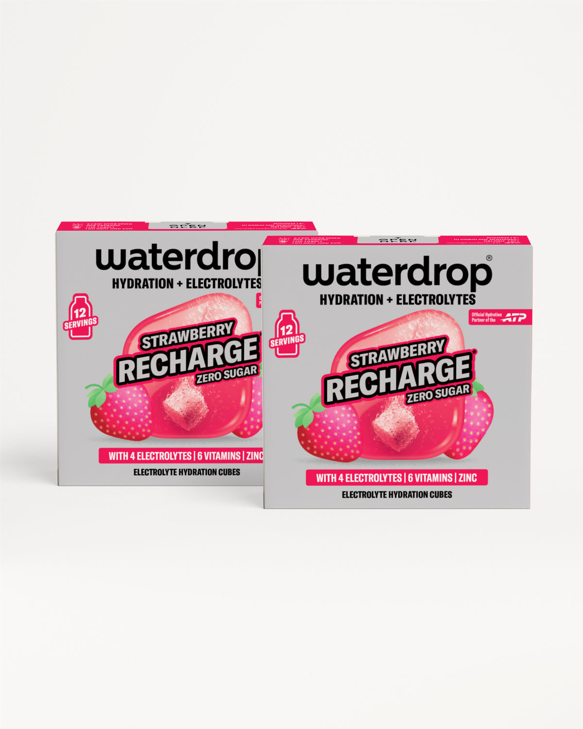 Két cukormentes Strawberry Recharge doboz, egyenként 12 adaggal, elölnézetben, fehér háttéren.