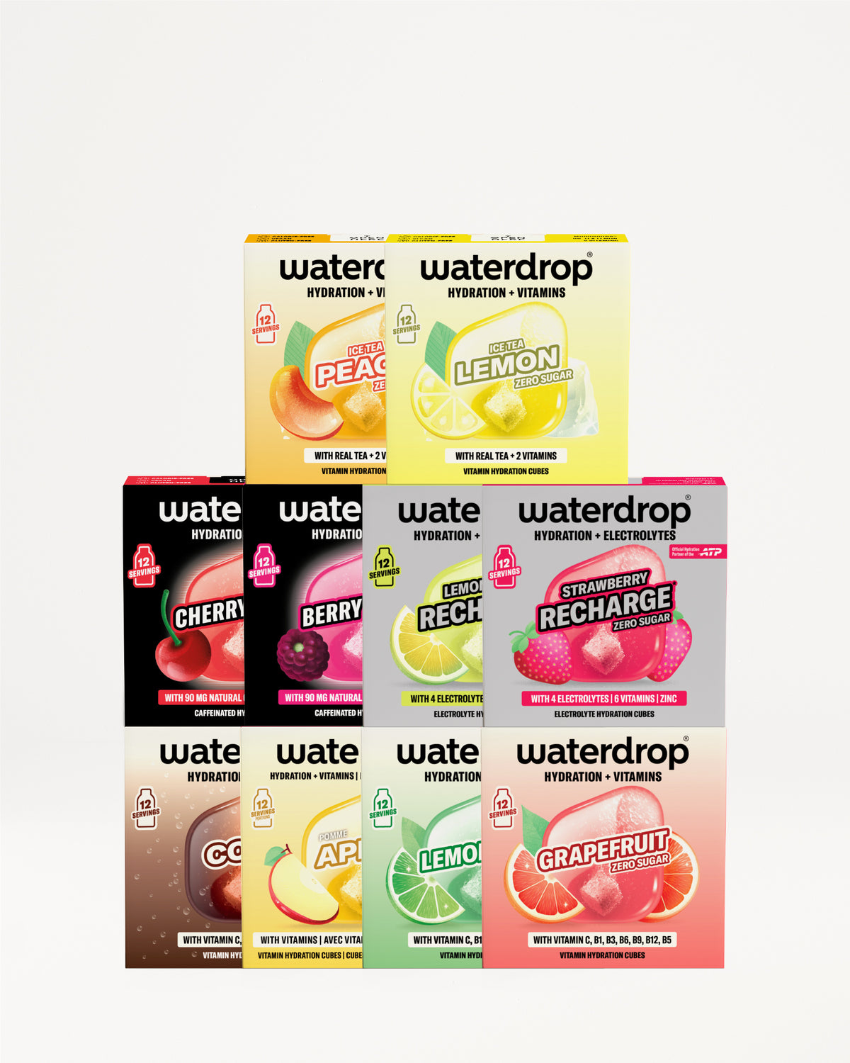 Waterdrop hidratáló ízű dobozok piramisszerűen egymásra helyezve.