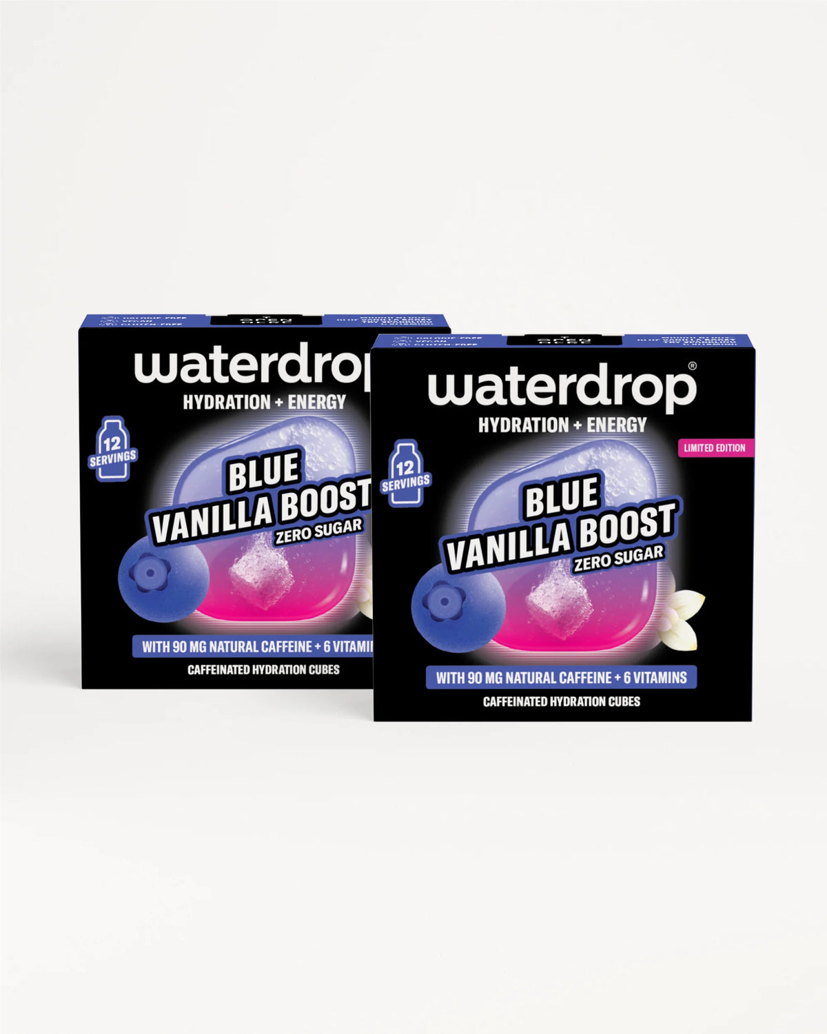 Két Waterdrop Blue Vanilla Boost doboz kék-lila csomagolással.