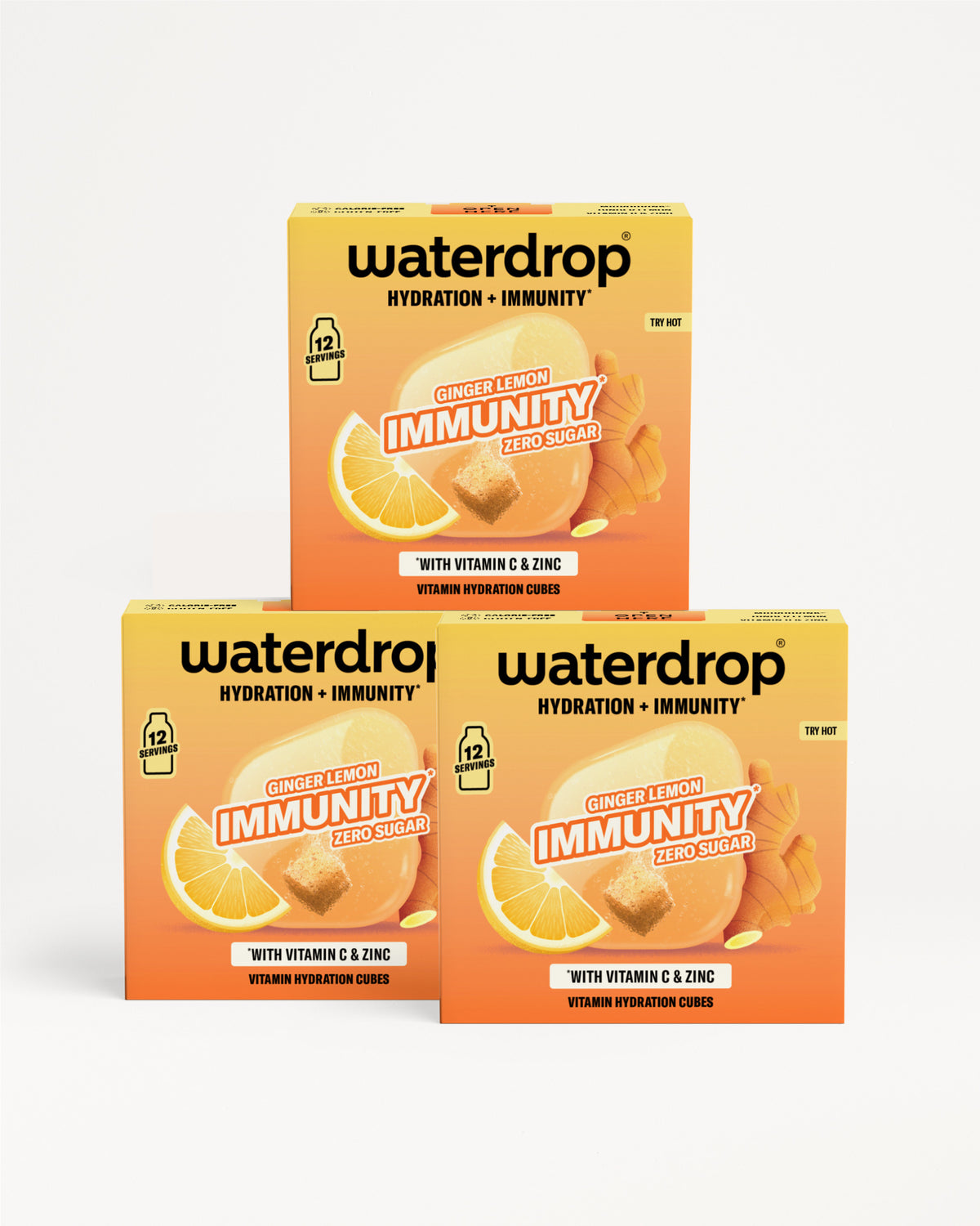 Három Waterdrop csomag a hidratáció és immunitás számára, egymásra helyezve.