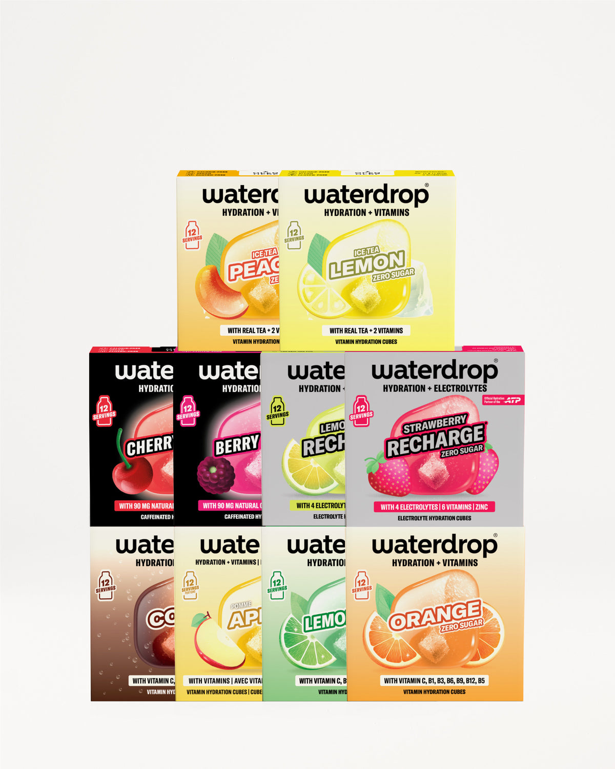 Waterdrop hidratáló italok dobozai piramisszerűen egymásra rakva, változatos készlet.