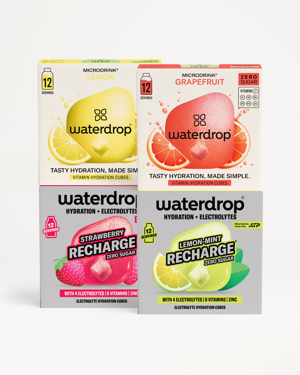 Waterdrop termékdobozok csoportja, köztük Microdrink Lemon, Microdrink Grapefruit, Recharge Strawberry és Recharge Lemon-Mint, mindegyik 12 adaggal, fehér háttéren elrendezve.