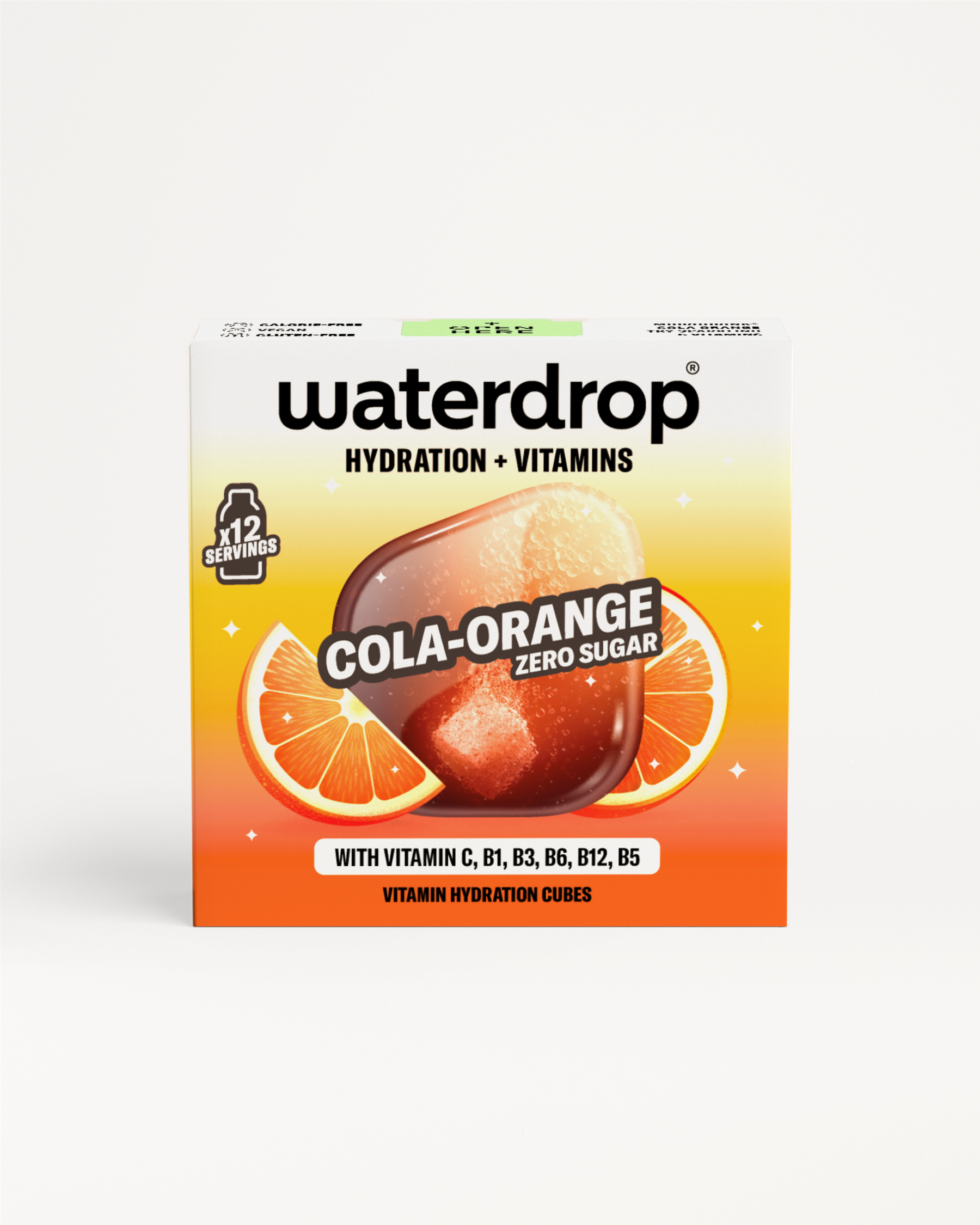 Waterdrop Cola Orange doboz kóla–narancs ízesítéssel, cukor nélkül, C-, B1-, B3-, B6-, B12- és B5-vitaminokkal, fehér háttér előtt.