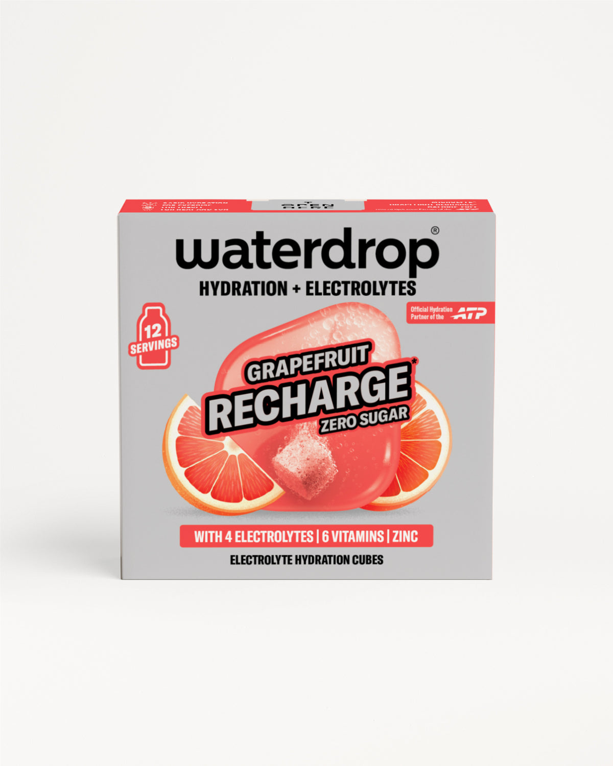 Elölnézetben bemutatott cukormentes Grapefruit Recharge doboz 12 adaggal, grapefruit illusztrációkkal és egy hidratáló kockával, fehér háttéren.