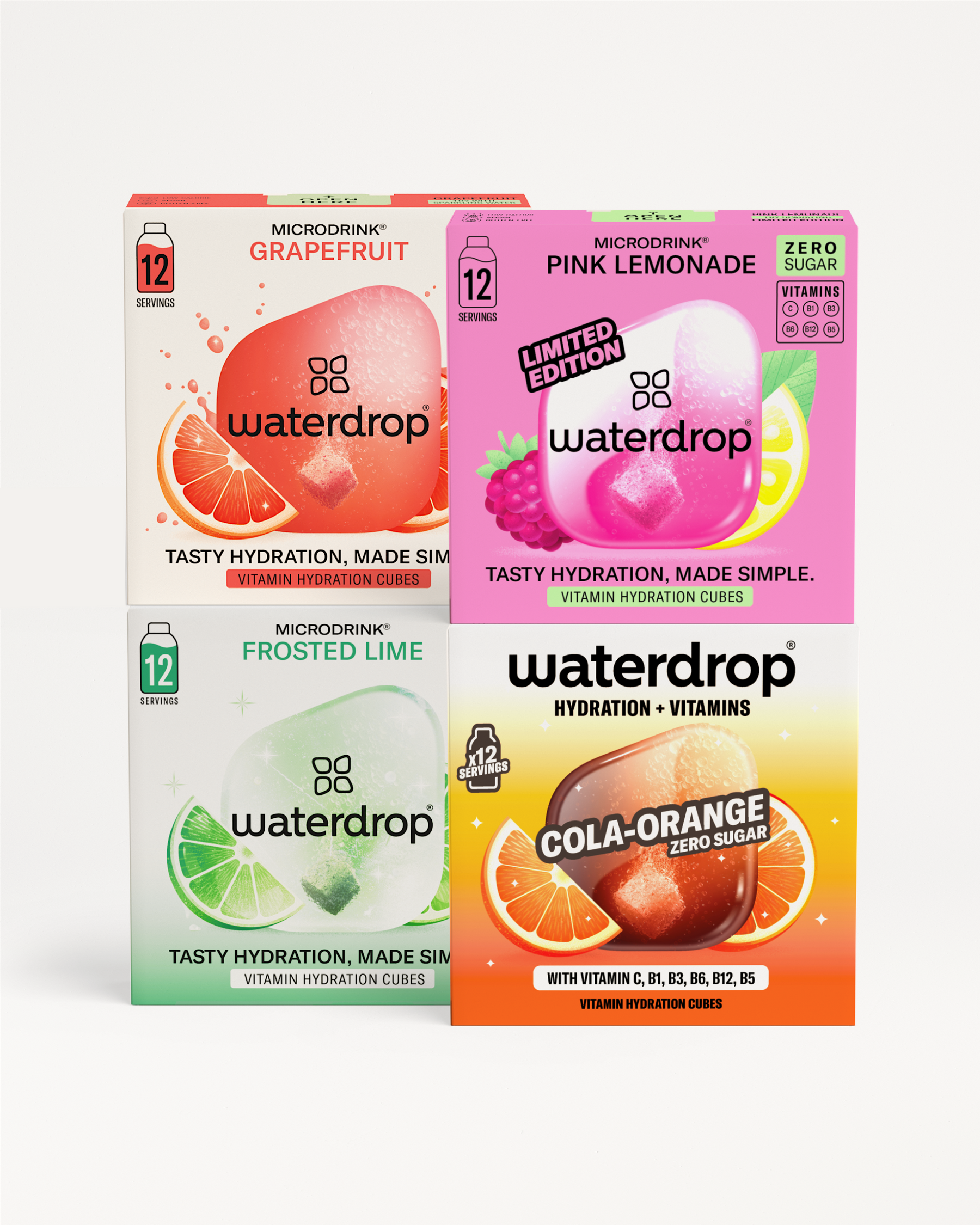 Négy Waterdrop Microdrink doboz Grapefruit, Pink Lemonade, Frosted Lime és Cola Orange ízesítésben, fehér háttér előtt.