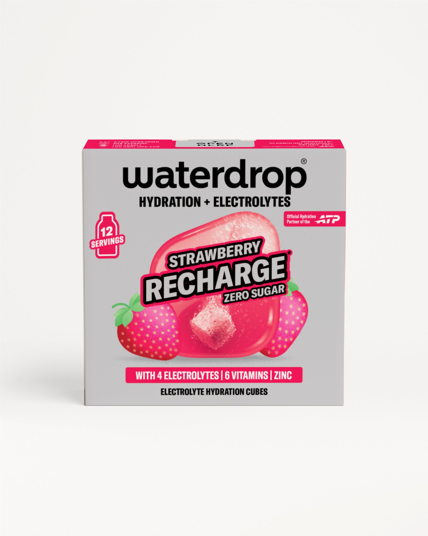 Elölnézetben bemutatott cukormentes Strawberry Recharge doboz 12 adaggal, eper illusztrációkkal és egy hidratáló kockával, fehér háttéren.