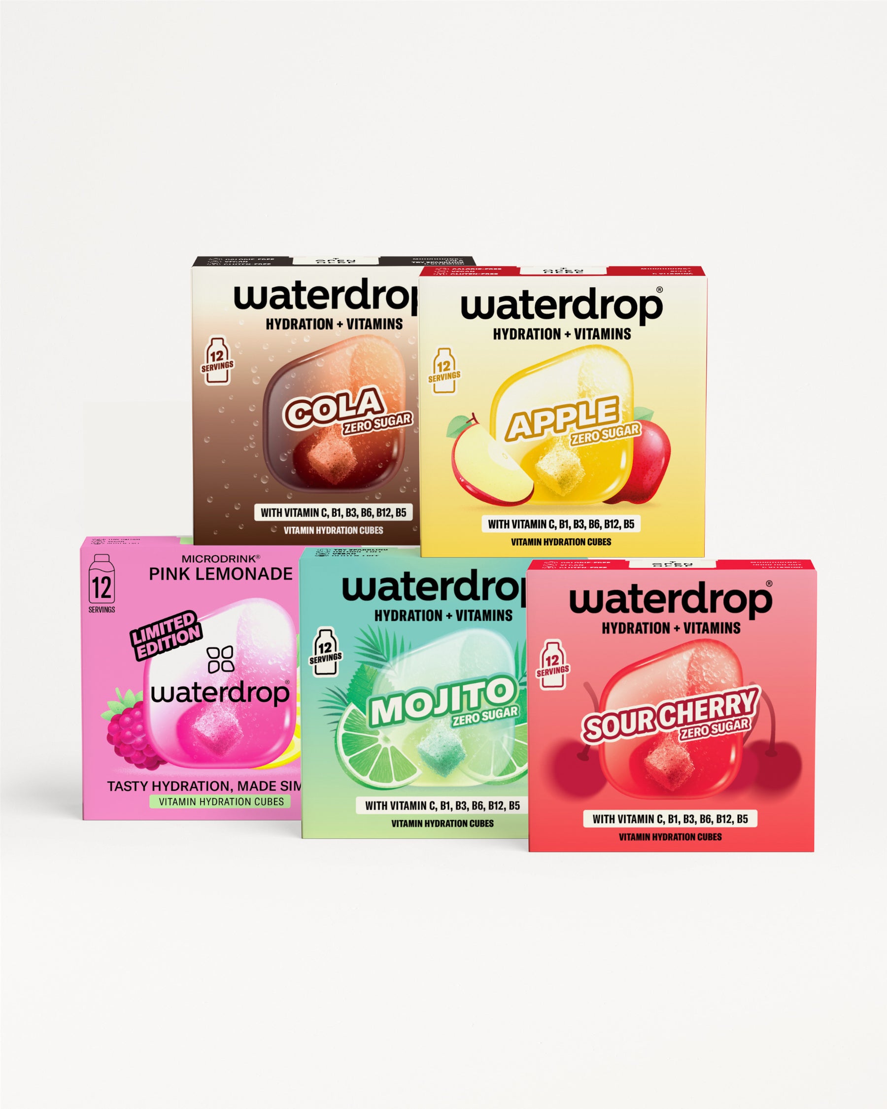 Waterdrop hidratáló italok vitamintartalmú dobozok, két sorban elrendezve.