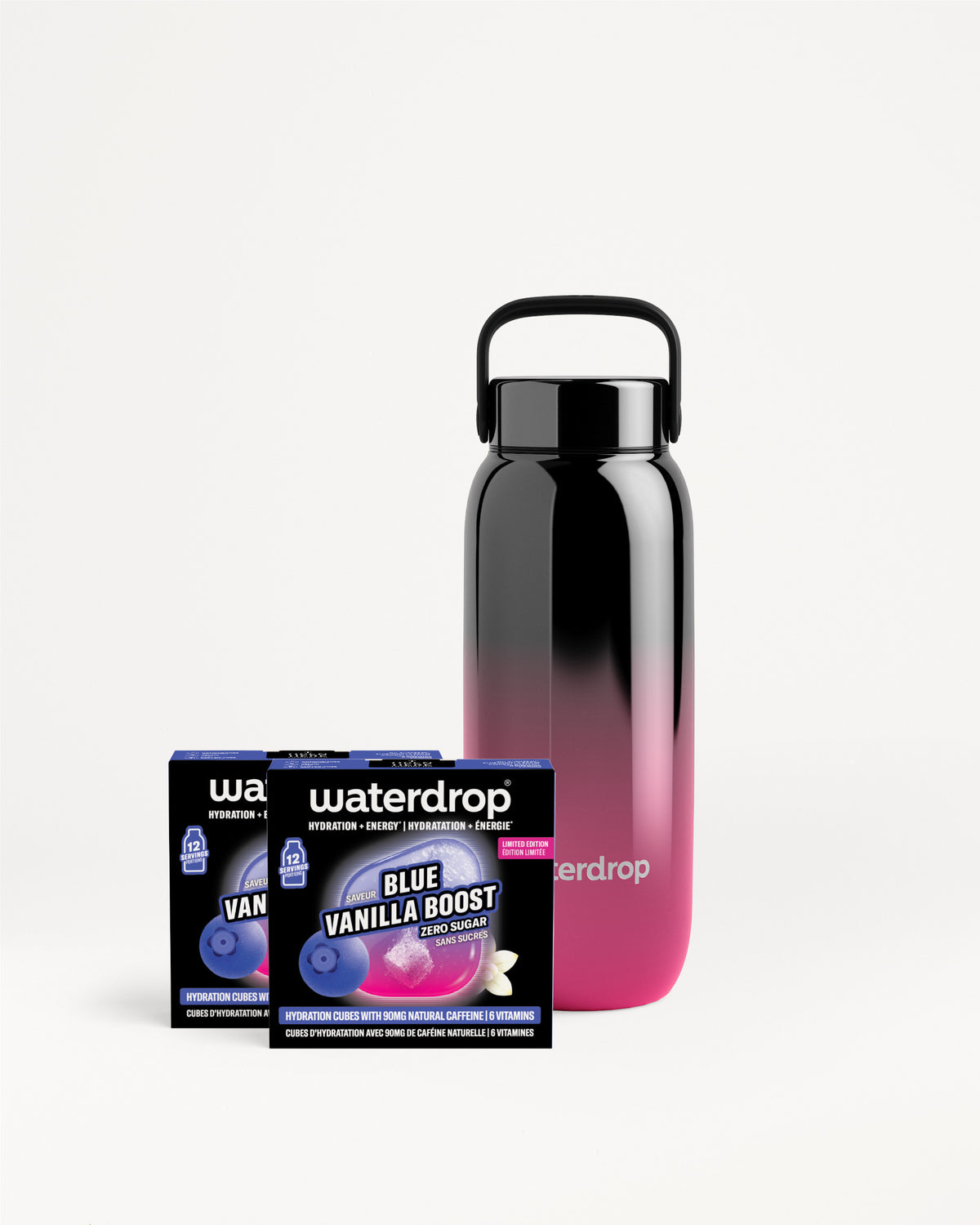 Fekete-rózsaszín gradienssel rendelkező újrahasználható vízforraló fogantyúval a dobozos Waterdrop termék mellett.
