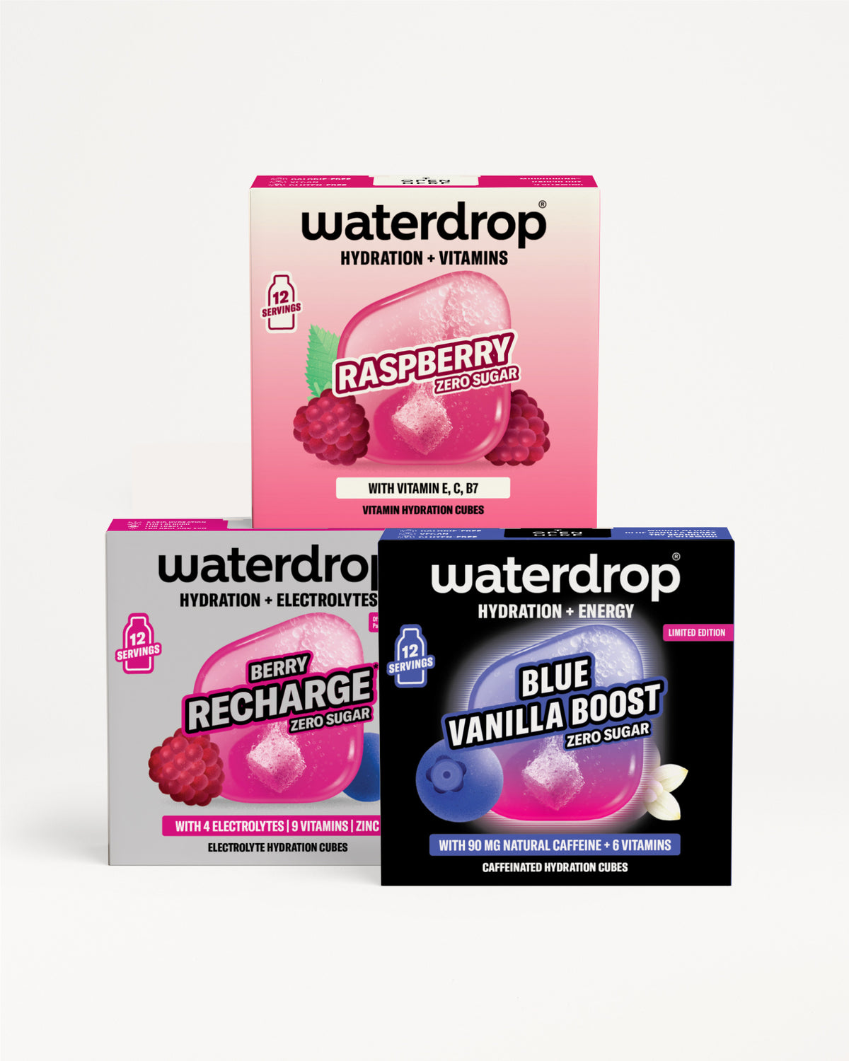 Három Waterdrop hidratáló doboz íz- Raspberry, Berry Recharge és Blue Vanilla Boost.