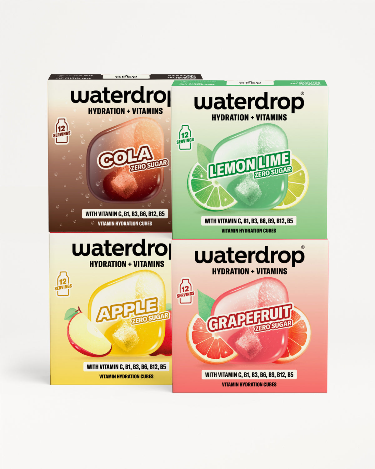 Négy Waterdrop hidratáló és vitamin ital készlet egy 2x2-es csomagolásban.