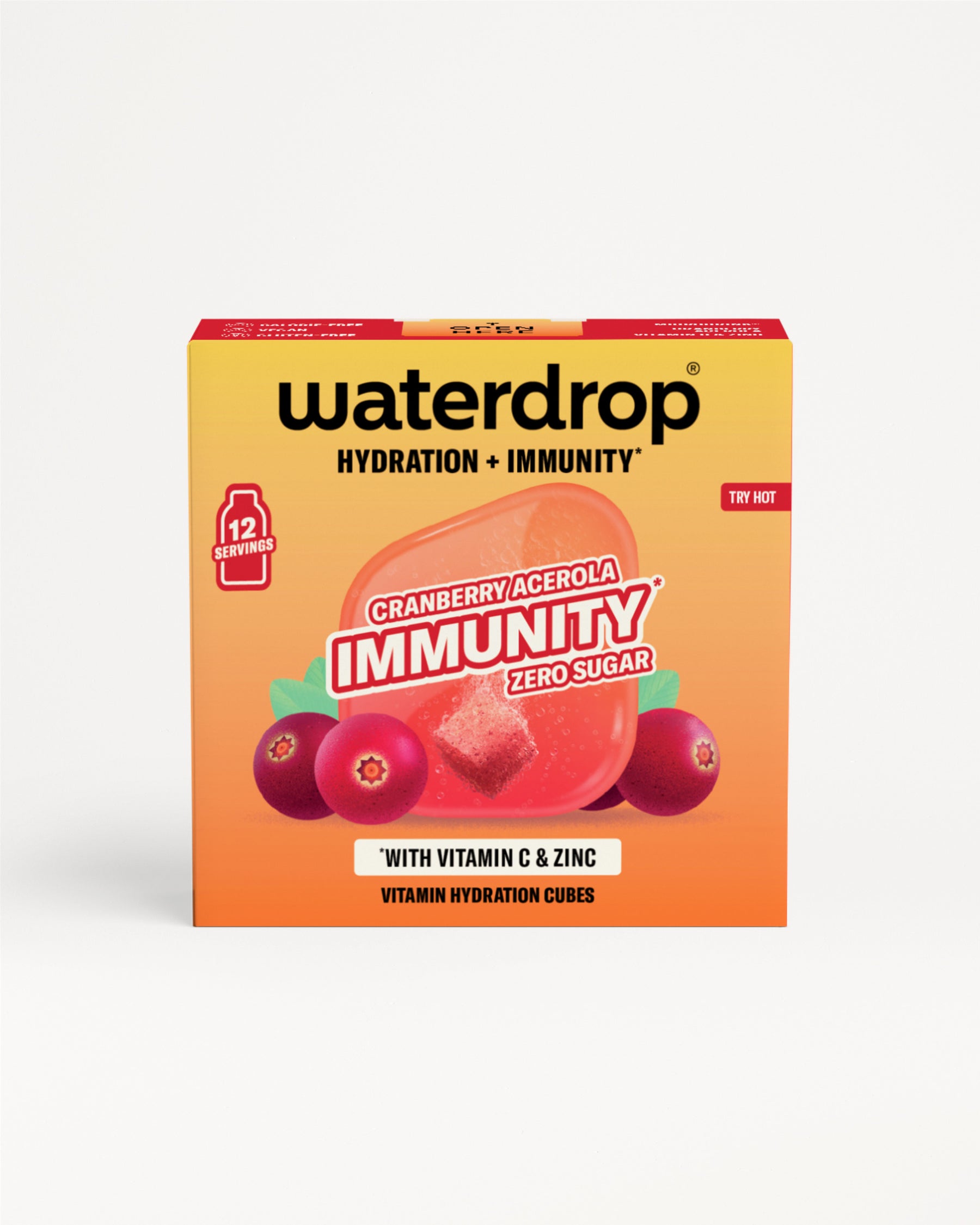 Waterdrop Immunity hidratáló kockák Cranberry-Acerola ízesítésű doboza, előoldali csomagolás.