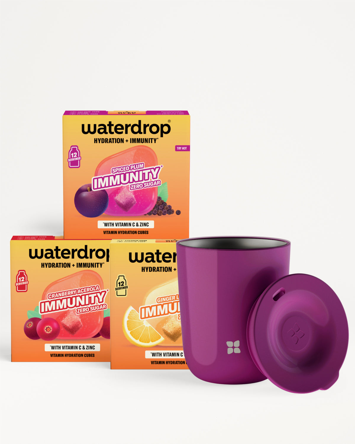 Waterdrop hidratálási és immunitási dobozok lila pohárral és fedelemmel.