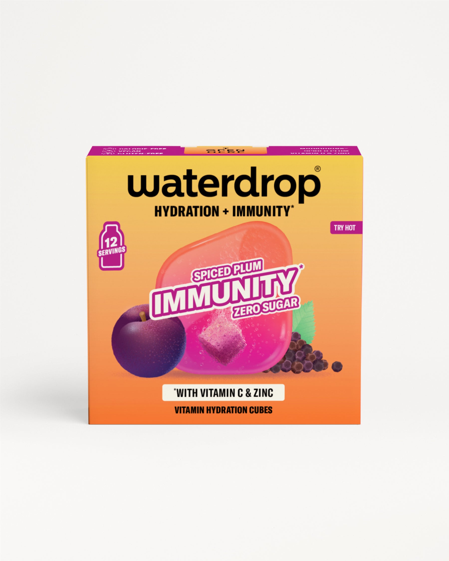 narancsárga Waterdrop doboz bogyó ábrával fehér háttéren.