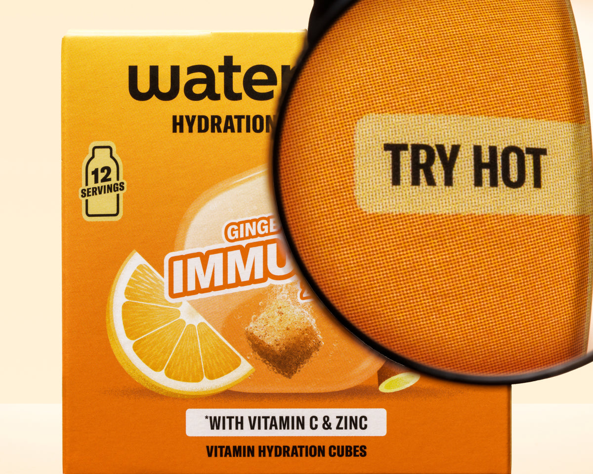 Narancssárga doboz citrom grafikával és nagyító fóliával, vitaminos hidratáló kockák.