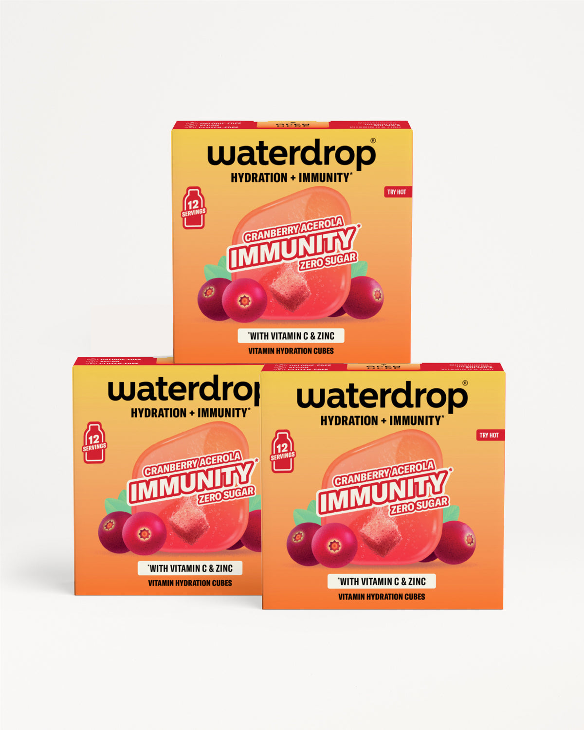Három Waterdrop csomag hidratációhoz és immunitáshoz világos háttéren felhalmozva.